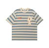 Camiseta de Manga Corta Rayada Bordada de Dibujos Animados Retro Estilo Americano para Hombre y Mujer Verano Suelta Casual Combinable para Pareja Top de Media Manga
