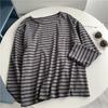 Estilo coreano Estilo preguiçoso Café Azul Listrado Camiseta de manga comprida Lixamento Gola redonda Solto Emagrecimento Base Top para Outono e Inverno