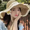 Sombrero de Paja de Verano para Mujer con Lazo, Copa Plana, Ala Ancha, Sombrero de Sol para Viaje y Playa, Estilo Japonés Protección Solar