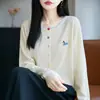 Lana finamente hilada, ligera y cálida, con botones coloridos, llamativos patrones bordados, elegante cuello redondo, cárdigan para mujer de primavera y otoño para ir al trabajo