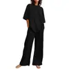 Conjunto Feminino da Moda de 2 Peças Verão 2024 Casual com Cinto e Bolsos Conjunto Top de Manga Curta com Decote O e Calça de Perna Larga