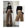 Pantalones Largos Casuales de Pierna Ancha Color Café de Gama Alta Vintage para Mujer Primavera/Otoño 2026 Tallas Grandes de Cintura Alta que Cubren la Cadera Pierna Recta de Longitud al Suelo Pantalones de Piel