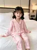 Conjunto de pijama infantil, estilo fino para primavera e outono, roupa para casa com ar condicionado para meninas, cardigã de manga comprida, pijama doce estilo coreano de algodão nuvem para meninas