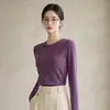 Camiseta lisa de manga comprida com gola redonda para mulheres, blusa básica de outono slim fit, simples e versátil, alta elasticidade, top justo