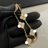 Pulsera de Calcedonia Morada Natural de Cinco Flores [Versión Alta Dorada V Chapado Grueso en Oro] Pulsera de Trébol de Cuatro Hojas de 18 Quilates para Mujer, Artesanía Exquisita