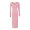 Vestido de Outono Novo Estilo Puro Desejo Coração de Pêssego Ombro Largo Cintura Franzida Manga Longa Slim Fit Bodycon Vestido de Meio Comprimento Hot Girl