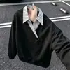 Sudadera con capucha estilo americano, dos piezas falsas, retazos, solapa, para hombre, otoño, marca de moda, corte holgado, para pareja, casual, jersey, top de manga larga