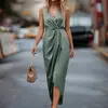 Moda Transfronteriza Europea y Americana Elegante Vestido Largo Asimétrico sin Mangas de Cuello en V para Mujer