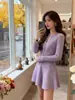 Vestido de punto morado con cuello, estilo suave para mujer, nuevo diseño de otoño e invierno, vestido corto entallado a la cintura para figuras petite