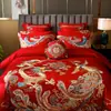 Juego de Cuatro Piezas de Algodón de Fibra Larga de Gama Alta para Boda Juego de Boda Chino Bordado Rojo Ropa de Cama de Boda de Algodón Puro