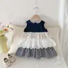 Vestido de Bolo para Meninas Verão Novo Estilo Menina Estilo Coreano Patchwork Xadrez Jeans Verão Classe A Segurança