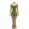 Vestido Verde Brillante de Perlas y Pedrería Sexy para Fiesta de Cantante Femenina