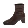 Botines retro franceses de patchwork marrones elásticos ajustados para mujer, punta cuadrada, cremallera trasera, tacón alto, botines calcetín para mujeres petite