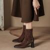 Botas Curtas de Camurça Francesa Femininas Novas Outono e Inverno Zíper Salto Grosso Botas Martinas Bico Quadrado Emagrecedoras Chelsea Botas de Cano Curto Costura