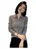 Suéter de malha com gola polo, ombros caídos, mangas compridas, toque de alta qualidade, feminino, estilo outono e inverno, moderno, justo, top base A14587