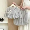 Conjunto Feminino Estilo Coreano Novo Primavera Outono Conjunto de Três Peças Top de Manga Longa Colete com Babados Calça Estilo Vovó de Bolinhas 18160