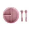 Juego de Vajilla Infantil de Silicona de Grado Alimenticio con Cuchara Suave, Tenedor, Plato con Ventosa, Plato Dividido, Babero y Caja de Regalo, con Patente de Apariencia