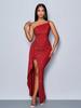 Vestido Feminino Amazon Transfronteiriço com Alças Assimétricas, Fenda Lateral Alta, Decoração de Babados e Glitter