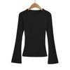 Cl25135-25 Novo Estilo Outono Estilo Europeu e Americano Mistura de Tencel Gola Redonda Slim Flare Manga Longa Camiseta Básica