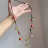 Colar de Coração Cerâmico Colorido Estilo Étnico com Contas para Mulheres, Corrente de Clavícula de Camada Dupla com Corda Trançada Marrom de Nicho de Alta Qualidade