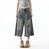 Jeans retos com design desfiado e rasgado estilo americano para mulheres, novas calças cropped largas vintage com efeito desgastado
