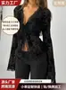 Fábrica de Origen de Ropa Femenina Transfronteriza Personalizada Camisa Negra de Malla con Tirantes Volantes y Mangas Acampanadas, Top Corto Transparente