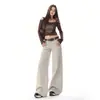 Primavera de 2026 Novo Jeans Casual Lavado Desbotado com Lantejoulas Tecido de Lona Estilo Americano Cintura Baixa Emagrecedor Solto Perna Larga Casual