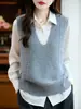 Chaleco de punto grueso de lana 100%, cuello en V, para otoño e invierno, ajuste ceñido, color liso, chaqueta sin mangas versátil para mujer
