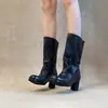 Botas de montar de encaje estilo retro para mujer, negras, punta redonda, aptas para todas las estaciones, con tacón grueso, efecto adelgazante, versátiles y un nuevo diseño para el uso diario, de longitud hasta la mitad de la pantorrilla