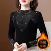 Blusa Feminina Tendência Outono Nova Preta Slim-Fit com Strass, Gola Meia-Alta, Alta Elasticidade, Camiseta Básica Plus Size