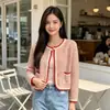 Nuevo cárdigan de punto corto casual de estilo coreano para otoño, cálido, elegante, con bloques de color y rayas, inspirado en Chanel, para mujer
