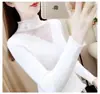Suéter de Gola Alta Meia-Estação Outono/Inverno Novo Estilo para Mulheres, Blusa Elegante de Organza, Camada Base de Tricô Slim Fit Estilo Coreano