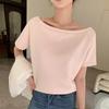 H923 Camiseta de Ombro Caído One-Shoulder Duas Formas para Mulheres no Verão, Versátil Solta Casual Decotada Sexy Cor Lisa Manga Curta