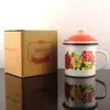 Tarro de té de esmalte engrosado, Tarro retro nostálgico con diseño floral, Tapa roja, Taza caja de regalo de dulces de boda a la antigua