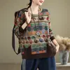 Suéter de punto de algodón con estampado vintage nuevo de primavera para mujer, holgado y adelgazante, camiseta básica casual de manga larga para mujer