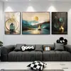 Pintura Decorativa Nova de Pinheiro Bonsai Estilo Chinês Preto e Dourado para Parede de Fundo da Sala de Estar, Pintura Tríptico em Moldura de Liga de Alumínio com Filme de Cristal Venda por Atacado