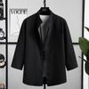 Camisa Delgada de Verano para Hombre con Textura Seersucker Camisa Casual Estilo Nuevo Chino Cuello Henry Manga Tres Cuartos Top Trendy