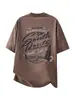 Ropa para Hombre Fengshe / Camiseta Vintage de Manga Corta con Estampado de Letras para Hombre, Algodón Puro, Corte Holgado, Cuello Redondo, Lavada y Desgastada