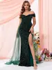Nuevo vestido de noche para mujer estilo europeo y americano, sin hombros, con lentejuelas, malla fluida, cintas y abertura, adecuado para ocasiones formales