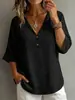 2026 Amazon Transfronterizo Europeo y Americano Primavera/Verano Algodón y Lino Francés Cuello en V Botones Decorados Manga Tres Cuartos Holgado Top Camiseta para Mujer