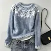 Suéter de Punto Redondo Retro Europeo y Americano Transfronterizo Casual Holgado Bloque de Color Manga Larga Suéter Fair Isle para Mujer