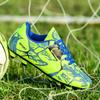 Chuteiras de futebol infantil com pontas longas TF, sapatos de treinamento de grama artificial, sapatos de competição de xadrez vívido para estudantes adultos