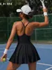 Falda Pantalón de Tenis Sexy de una Pieza sin Espalda para Mujer con Forro Antiexposición, Falda Corta Deportiva de Yoga Fitness