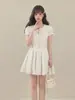 [En Stock] Vestido Estilo Dulce Francés con Mangas Abullonadas Verano 2026 Nuevo Vestido de Línea A Adelgazante con Cuello en V y Cinturón