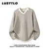 Nova Blusa de Moletom Listrada Elegante de Outono Falsa Dupla Peça Decote V Manga Longa Masculina Solta Preguiçosa Versátil Moda Malha