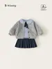 Roupa Bangxuan para crianças, conjunto de outono para meninas, estilo preppy, saia plissada, uniforme escolar para bebês meninas, conjunto de três peças para bebês e crianças pequenas