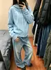Sudadera con capucha y hombros caídos estilo retro americano azul para hombre y mujer, otoño, holgada, moderna, marca, pareja, top casual