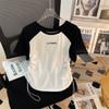 Camiseta de Algodón Puro Estilo Americano Retro Manga Raglán Contraste Mujer Verano Nueva Ajustada Cintura Ceñida Cordón Sentido del Diseño Top Tendencia