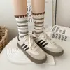 Meias Listradas Bordadas de Cachorro Coloridas Outono Inverno Retro Coreano Meias Largas Fofas Versáteis de Cano Médio Meias da Moda para Meninas