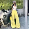 Pantalones de Pierna Ancha de Tiro Alto Amarillos Limón Adelgazantes Versátiles Estilo Commuter Hebilla Lateral Control de Abdomen Caída